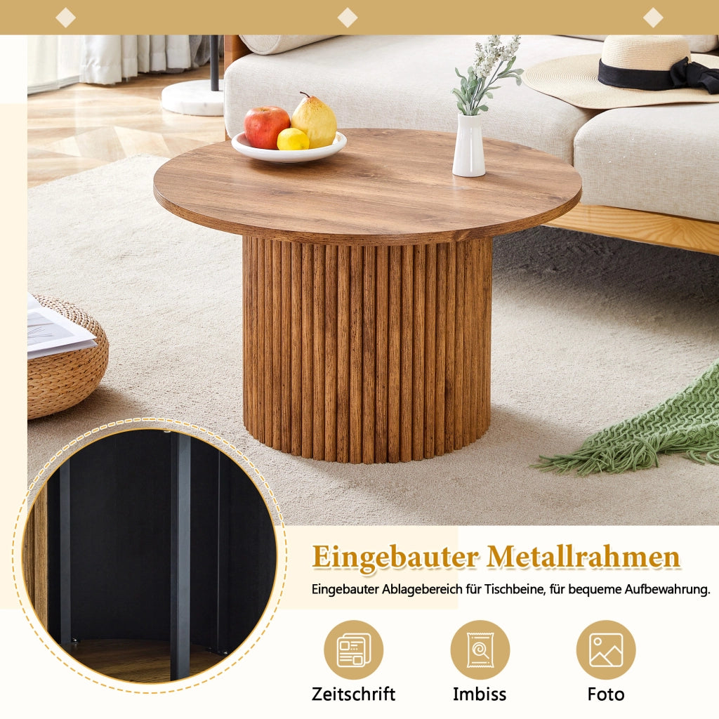 Tavolino basso rotondo in MDF con base a colonna e telaio metallico per soggiorno, effetto legno, 70 × 42 cm
