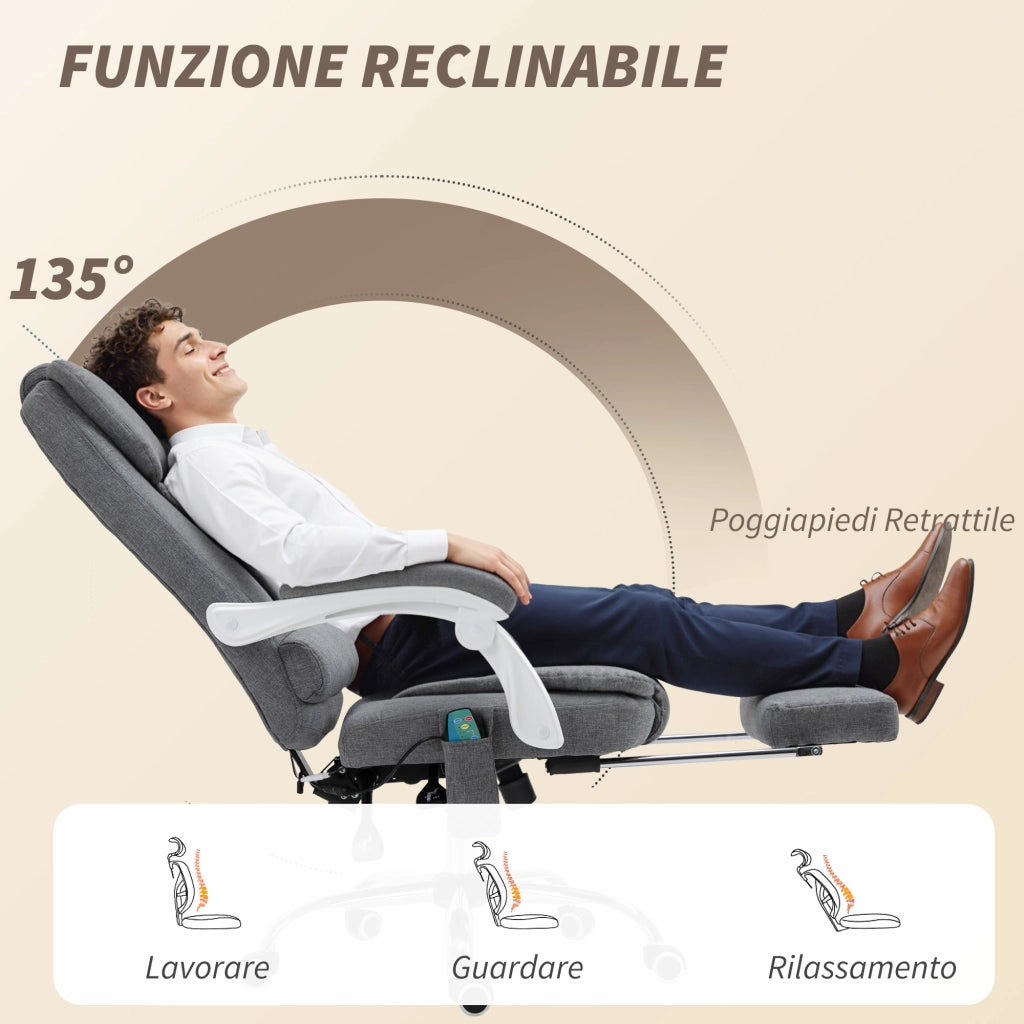 Poltrona da Ufficio con Telecomando e 6 Punti di Massaggio. in Tessuto misto velluto e lino. 67x79x111-121 cm. Grigio
