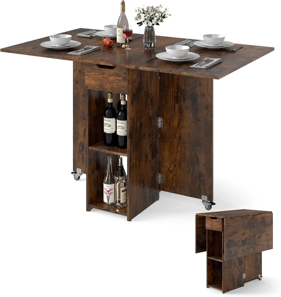 Tavolo da Pranzo Pieghevole, Tavolo Salvaspazio per 4-6 Persone con 2 Ripiani, Cassetto e Ruote a Freno, Tavolino Cucina per Cucina, Soggiorno e Ufficio, 120 x 72 x 75 cm (Nero)