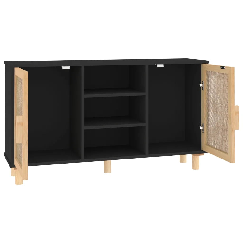 Credenza Nera 105x30x60cm Legno Massello Pino e Rattan Naturale 345640