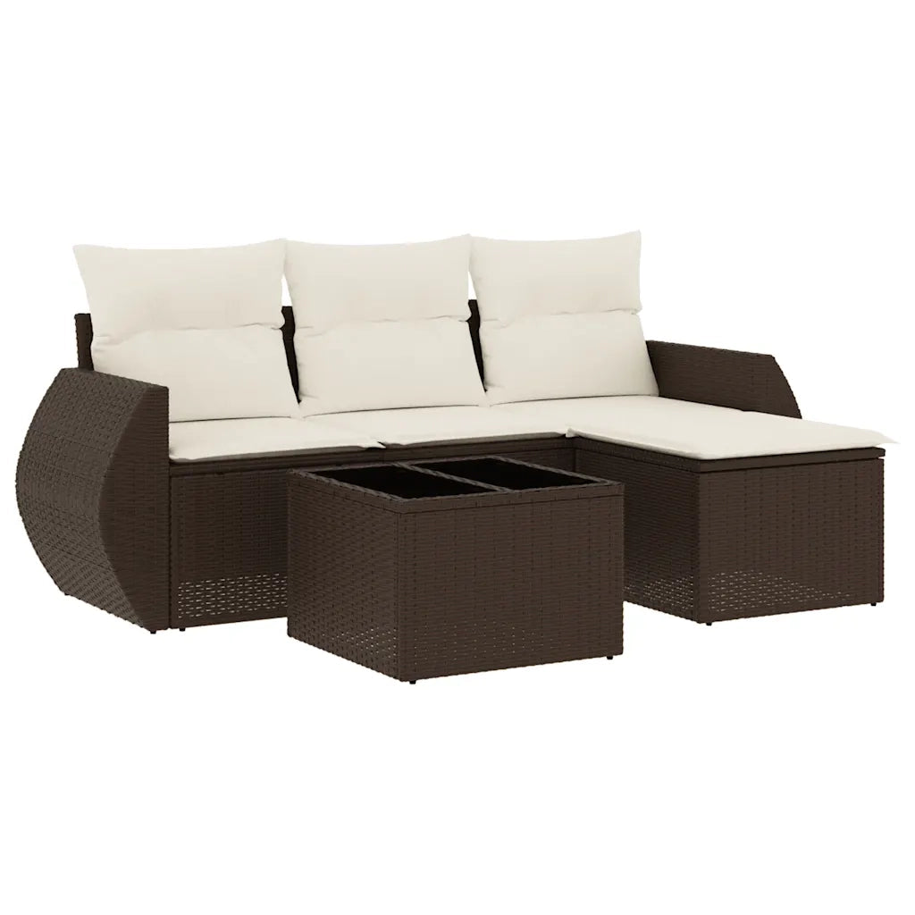 Set Divano da Giardino 5 pz | Set Salotto da Giardino con Cuscini Marrone in Polyrattan