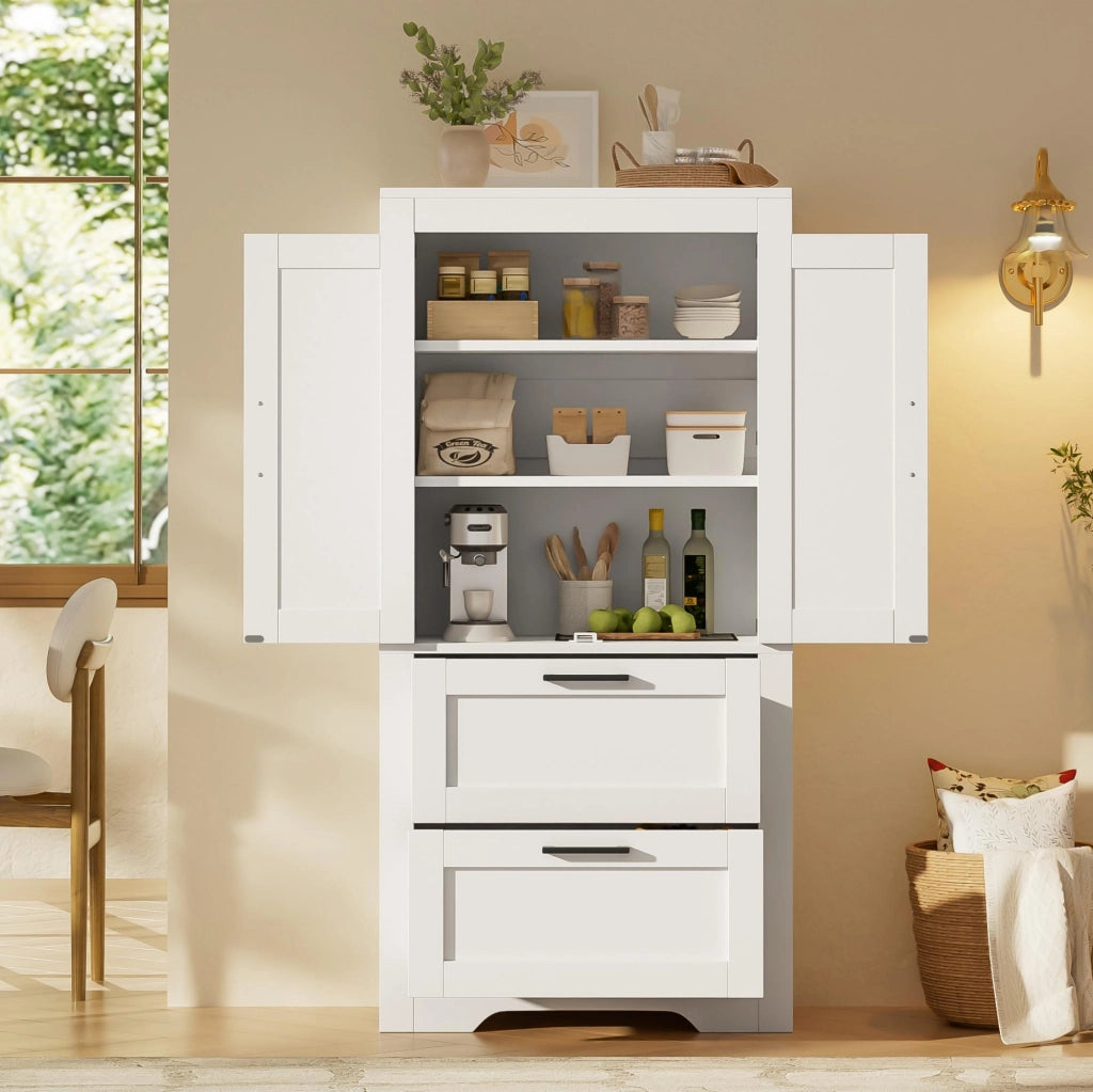 Mobile dispensa in stile rustico con 2 cassetti; 60x30x128 cm; bianco
