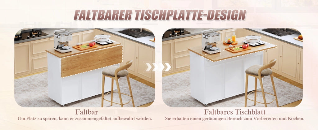 Carrello da cucina con 3 cassetti, ripiani regolabili, vassoio ribaltabile e ruote con freno, bianco, 120 × 71 × 90 cm