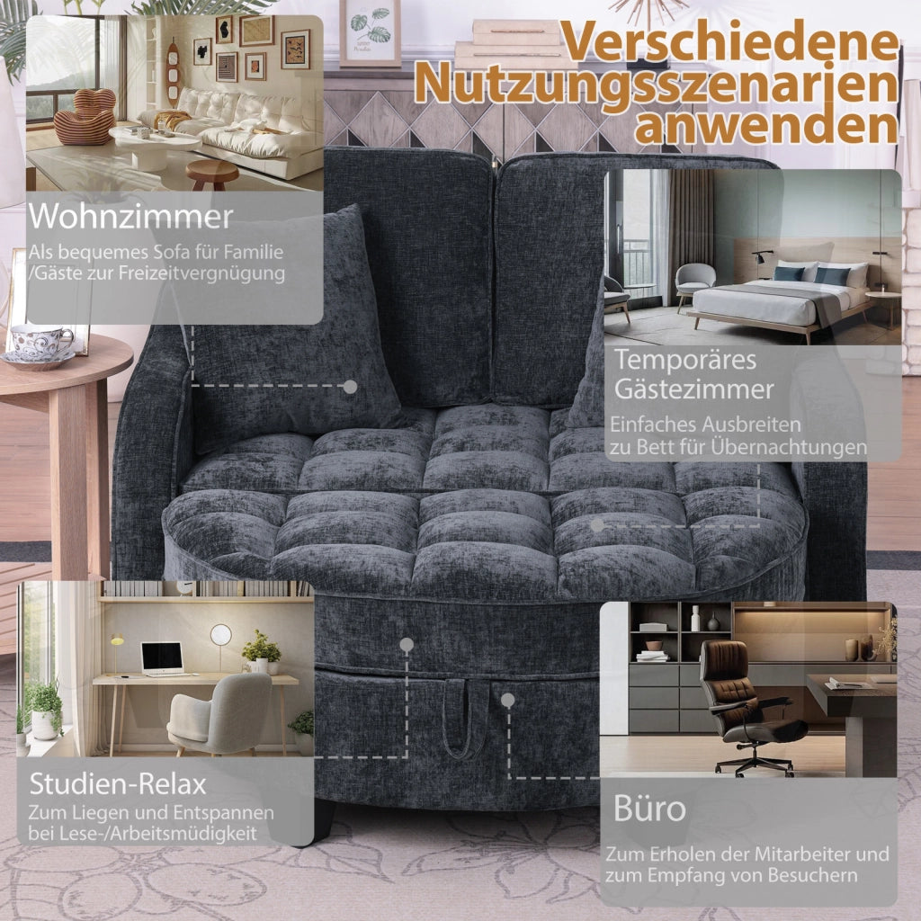 Divano letto 2 posti con vano contenitore e chaise longue per spazi piccoli, in Eucalipto, Nero