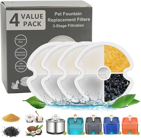 Filtro per Fonte Acqua per Animali Attivo Carbone per 2,5L Fonte Acqua per Gatti e 2L Fonte Acqua per Cani (4-pack)