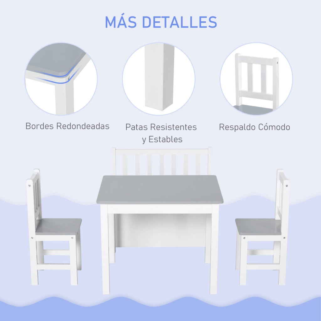 Tavolo bambini con sedie e panchina ¨C zephmum ¨C grigio e bianco 90x50x45