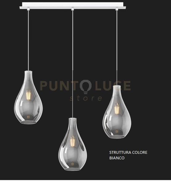 SOSPENSIONE BIANCO 3 LUCI RETTANGOLARE VETRI PICCOLI FUME' 1193BI-S3 RP-FU