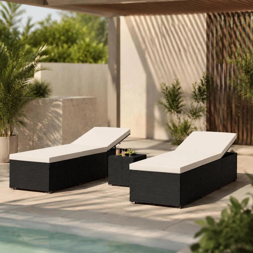 3-piece Garden Sun Loungers With Tea Table, Poly Rattan, Black