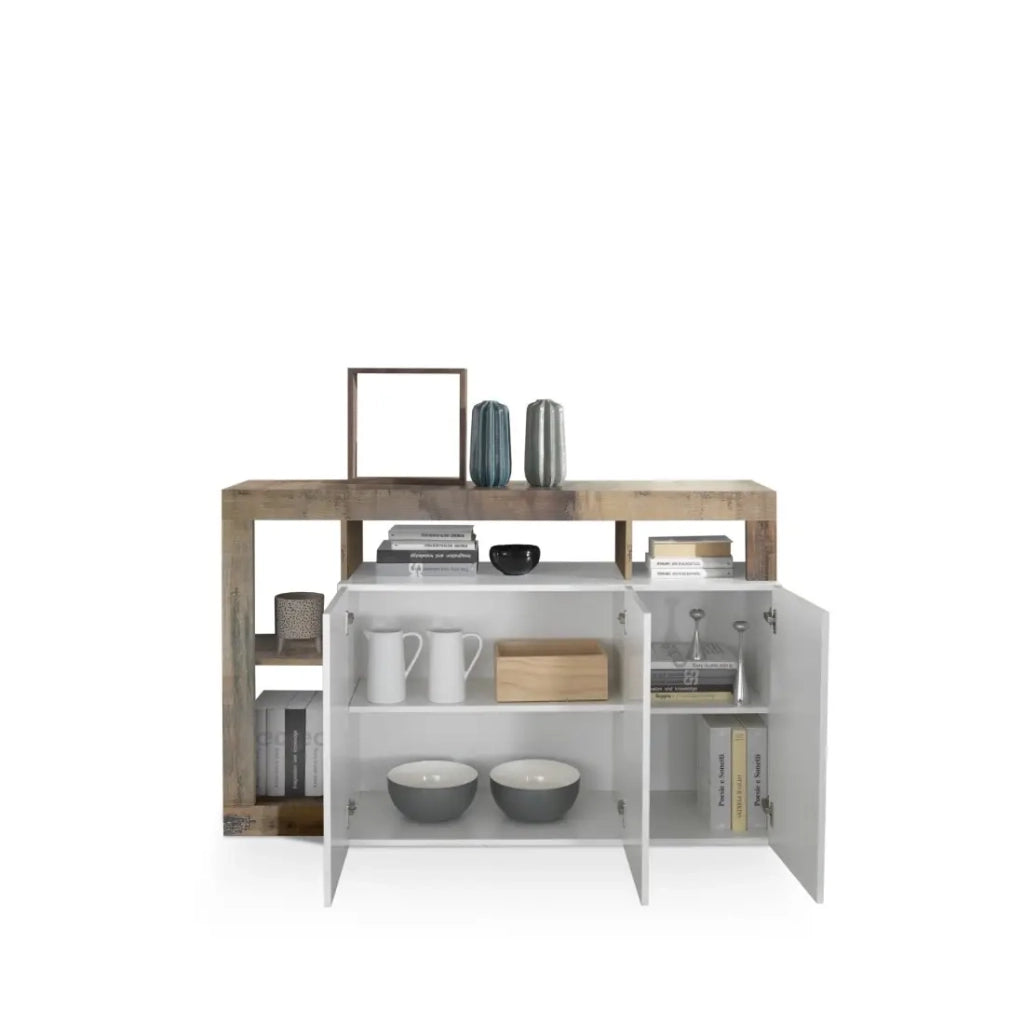 Credenza a 3 porte collezione BURA, colore bianco lucido laccato e rovere chiaro