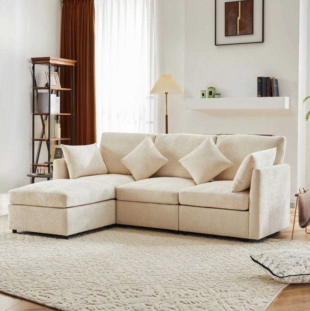Divano modulare 216x161x81 cm con pouf mobile in chenille beige
