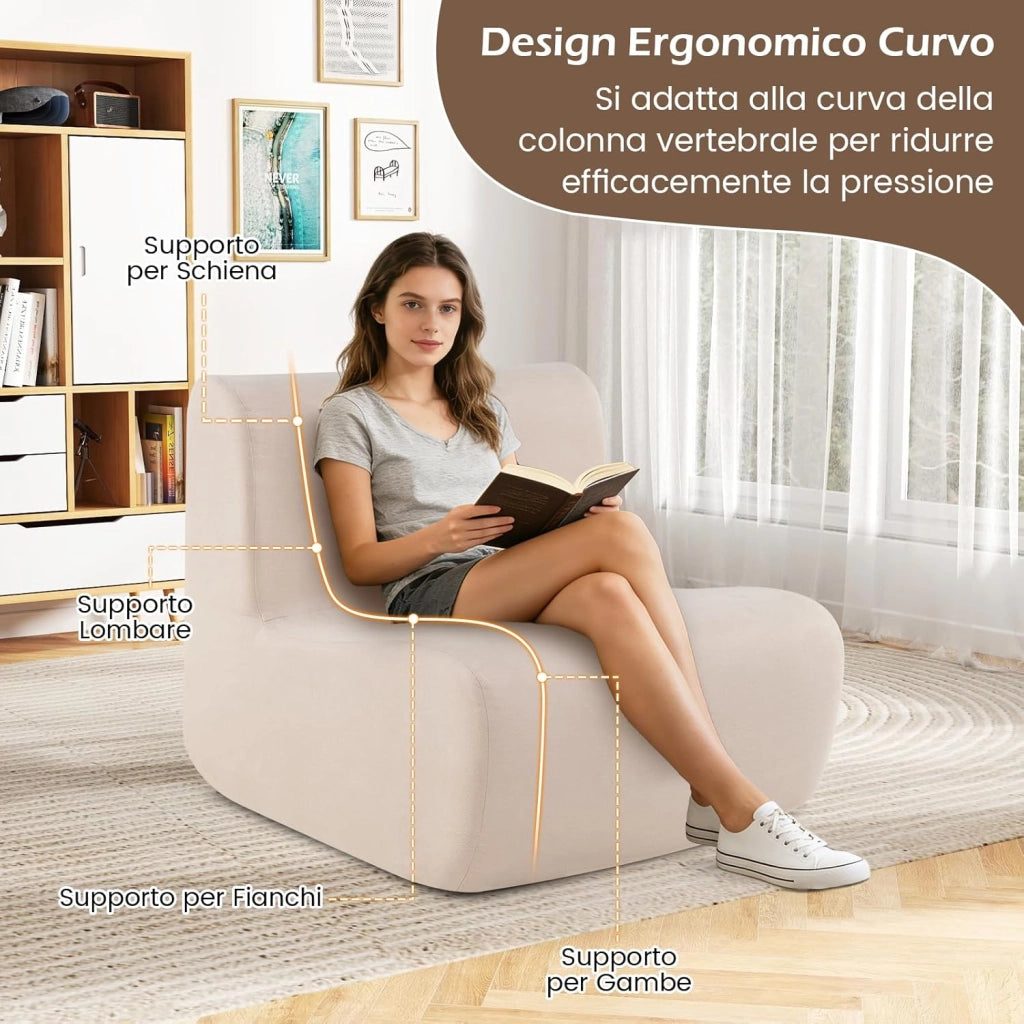 Divano Singolo da Pavimento, Poltrona da Divano con Morbido Velluto e Supporto Ergonomico, Poltrona Sacco da Lettura per Soggiorno, Camera da Letto (Beige)