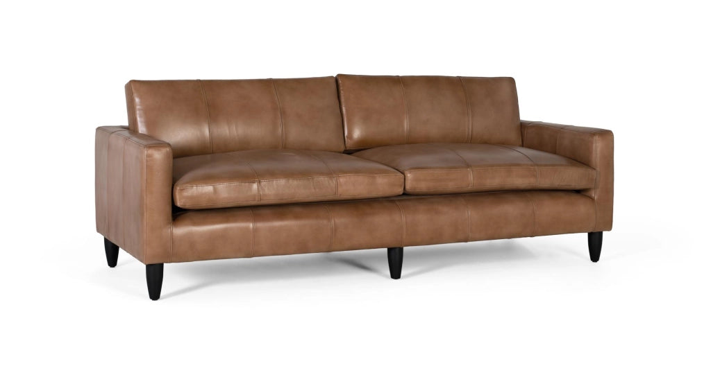 Divano imbottito in pelle e finitura cammello 220cm