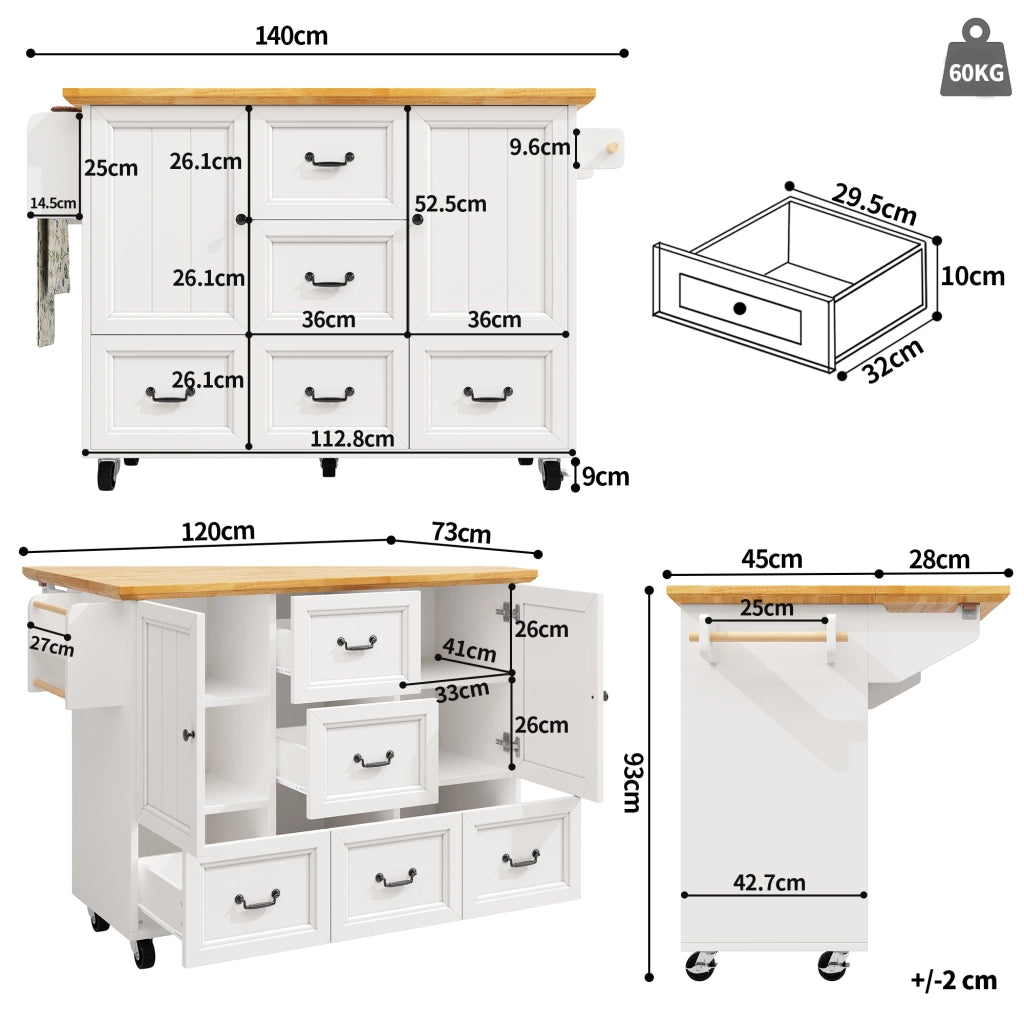 Isola da cucina mobile - Zephmum - 120x73x93 cm - Bianco/Nero - Carrello estraibile, ripiani regolabili, due ante, cinque cassetti