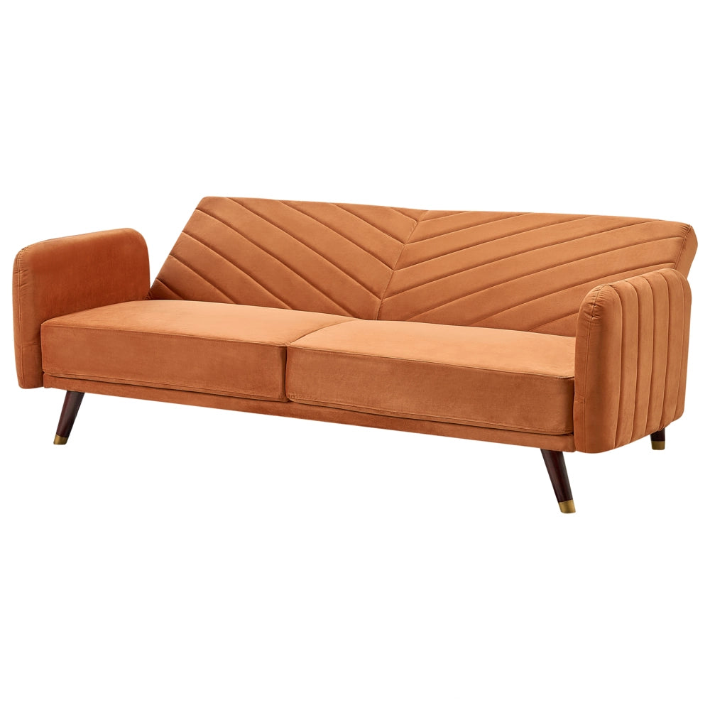 Divano Letto Tessuto Velluto Arancione Retro Soggiorno 3 Posti Gambe In Legno Bracci Pista
