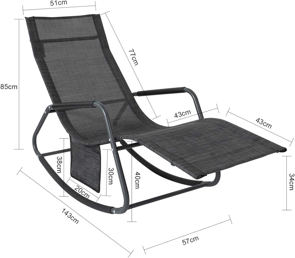 Dondolo da Giardino Sedia a Dondolo da Esterno Lettino Prendisole con Tasca Laterale Poltrona da Giardino Sdraio per Patio Balcone Campeggio Spiaggia Nero/Grigio 143x57x85 cm OGS47-MS