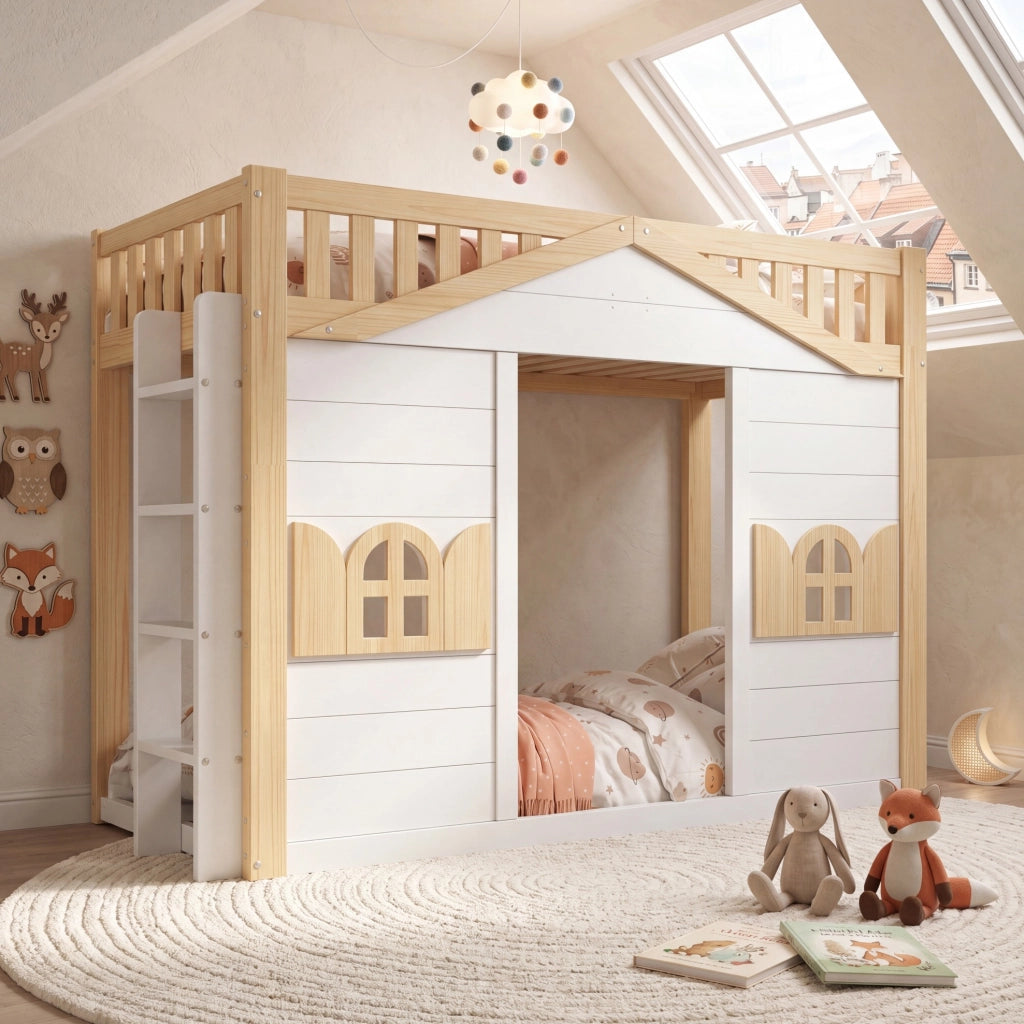 Letto a soppalco per bambini 90x200 cm in legno di pino e MDF; bianco