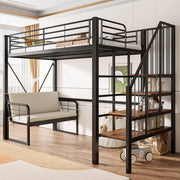 Letto a castello 90 × 200 cm con divano imbottito, scala con contenitore, senza materasso, metallo nero