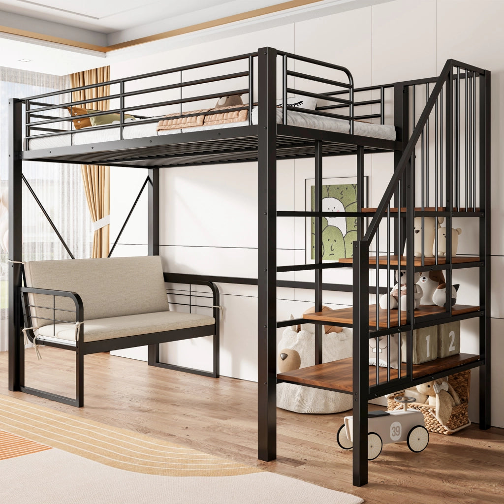 Letto a castello 90 × 200 cm con divano imbottito, scala con contenitore, senza materasso, metallo nero