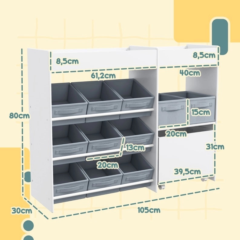 Scaffale porta giochi 105x30x80 cm con 11 box in tessuto e adesivi; legno bianco