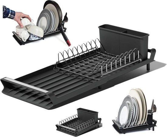 Afdriuigrek Compacto con Lekbak e Gootsteen Verstelbaar - Raccoglitore per Piatti con Supporto per Cucchiaini - Piastra Antislip e Antiruggine - Dimensioni 28/47 x 20cm
