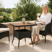 Garden Dining Table, Black Poly Rattan And Solid Acacia Wood