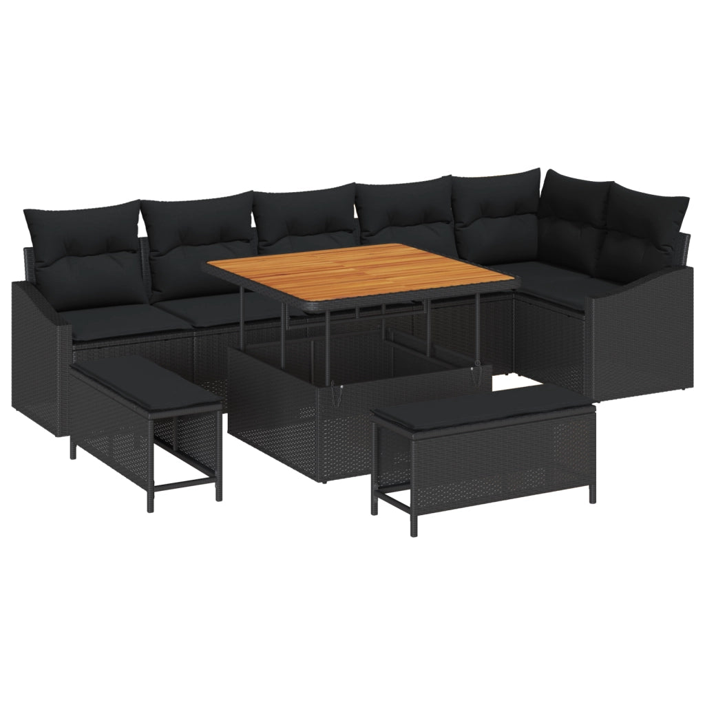 Set di Divani da Giardino  9 Pezzi con Cuscini Nero Polyrattan Acacia