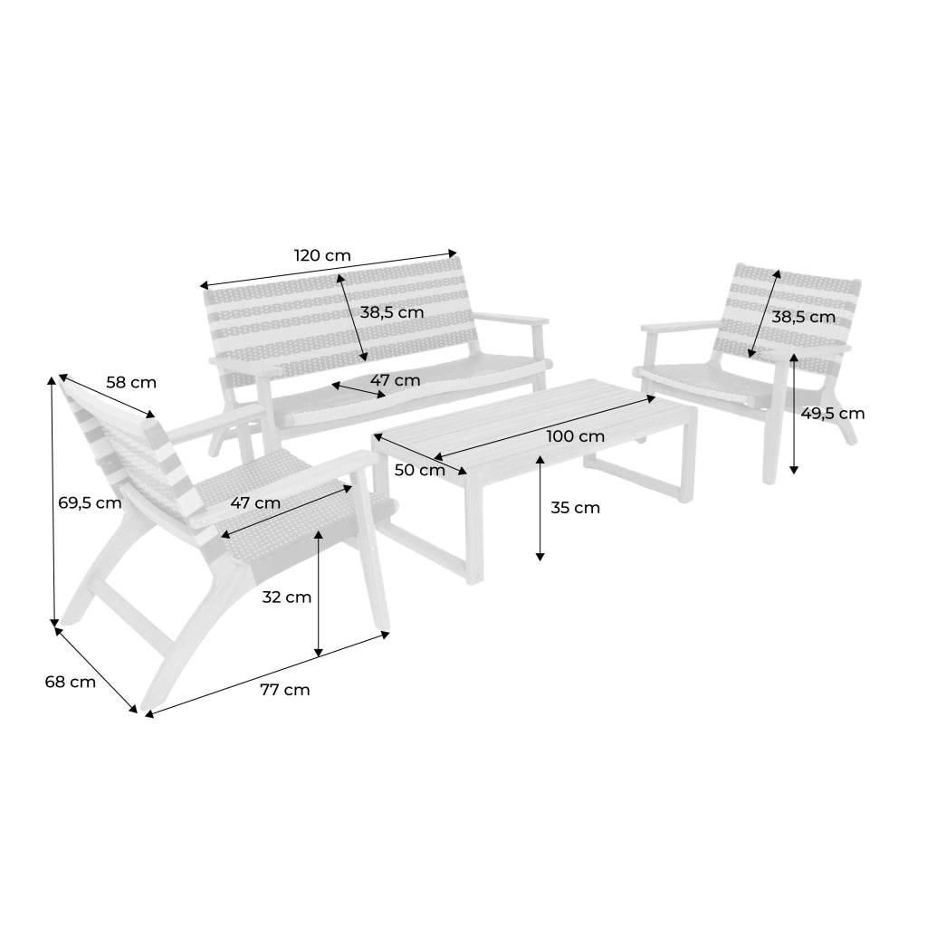 Salotto da giardino in legno di acacia e resina, 4 posti, teak
