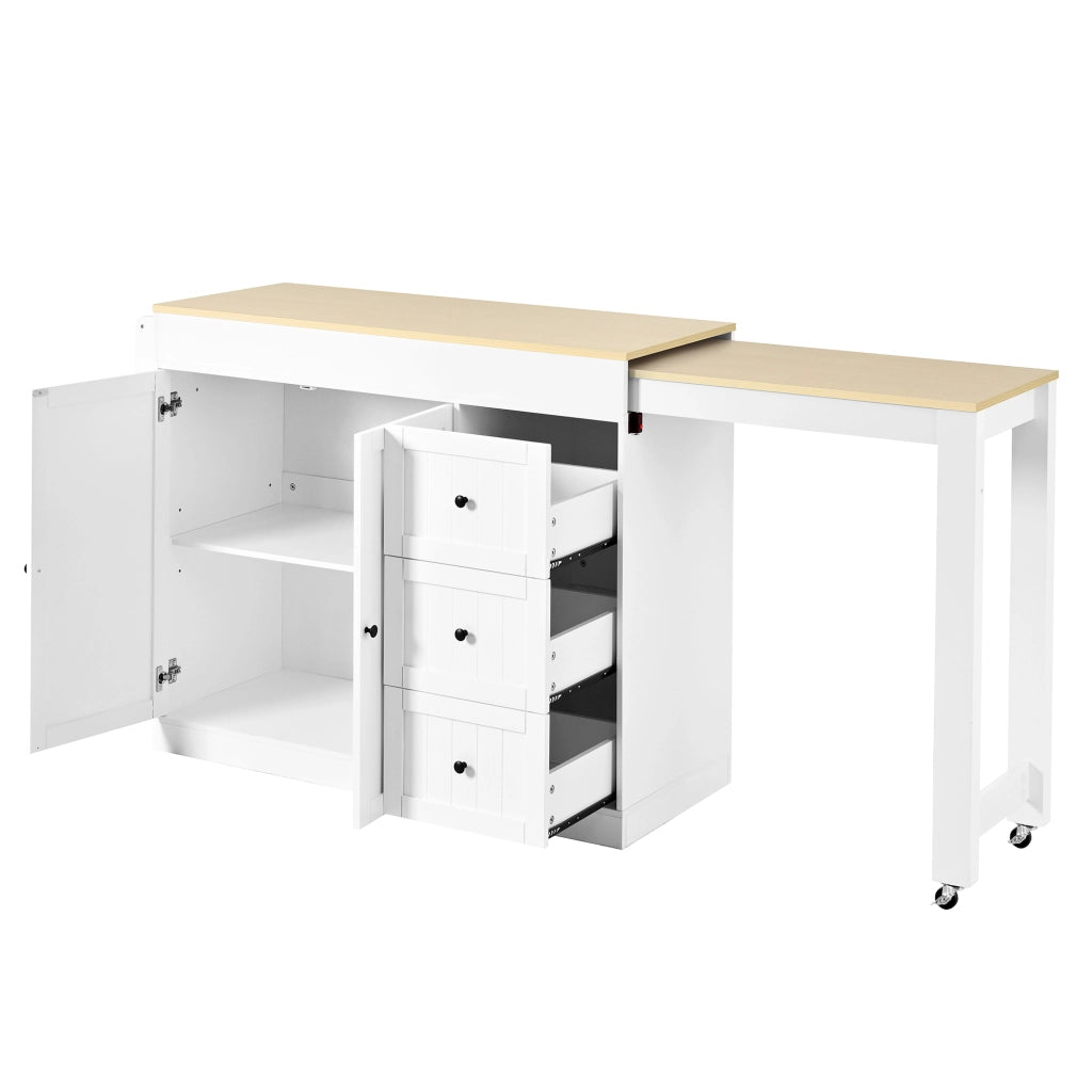 Isola da Cucina con 3 Cassetti; Portaspezie e Piano Estensibile con Ruote; in MDF; Bianco; 112-186.8 x 45 x 93 cm