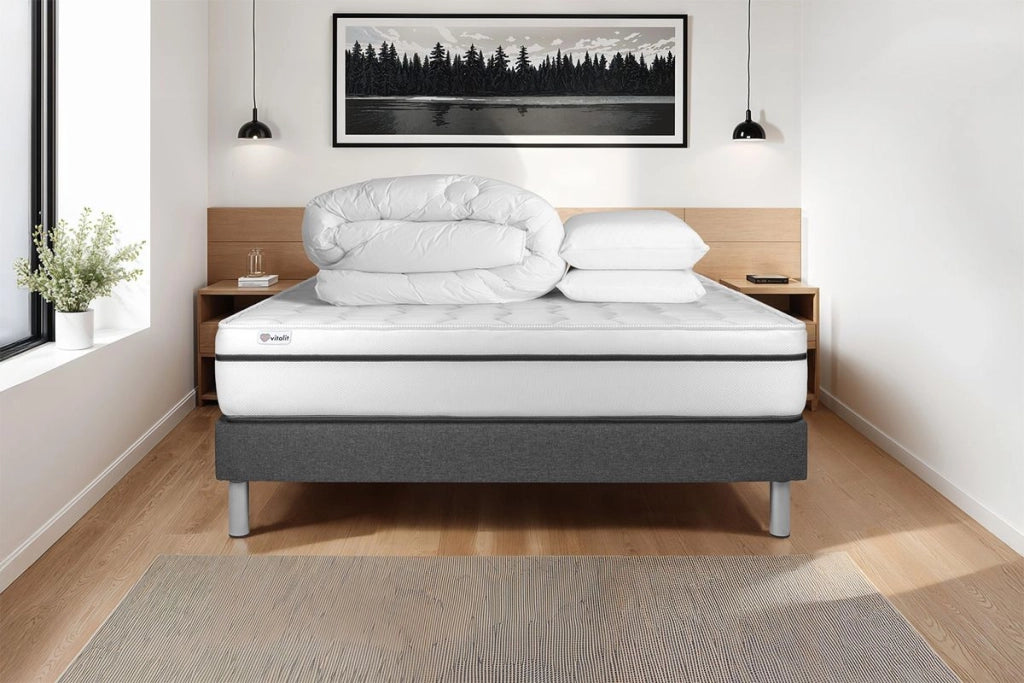 Pacchetto letto completo - Materasso 160x200cm + Box spring con doghe (kit) + 2 cuscini + Piumino - Vital Spa