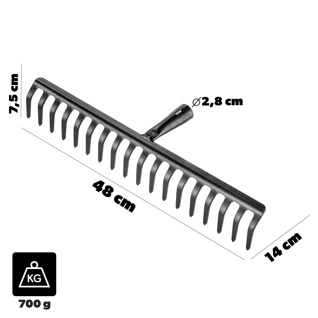 Rastrello per foglie in acciaio KADAX a 18 denti, senza manico, per terra ed erba.