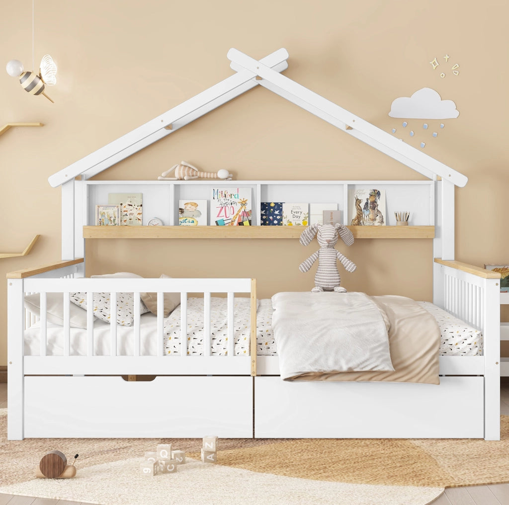 Letto per bambini 140x200 cm con tetto e 2 cassetti