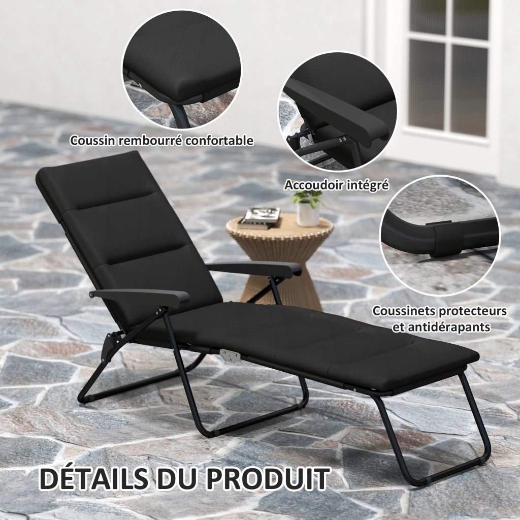Transat pieghevole con materasso ¨C zephmum ¨C 6 posizioni, acciaio, poliestere, 153x58.5x89 cm, nero