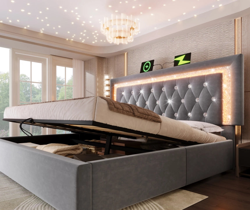 Letto matrimoniale 160x200 cm con contenitore idraulico; LED; USB e USB-C in velluto grigio