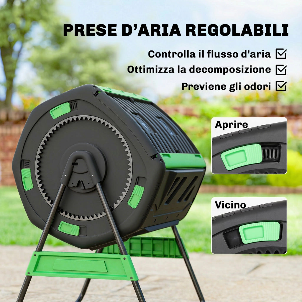 Compostiera Domestica 200L a Doppia Camera con 8 Prese D'Aria, in PP e Metallo, 94x67x98 cm, Verde e Nero