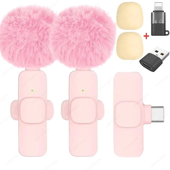 Microfono mini - 2 pezzi ricaricabili - Registrazione vlog - Microfono mini - Suono audio professionale - Microfono Lavalier senza fili - Audio portatile - Microfono mini per iPhone, Android e PC - Connessione a un click - Plug & play - Rosa dolce