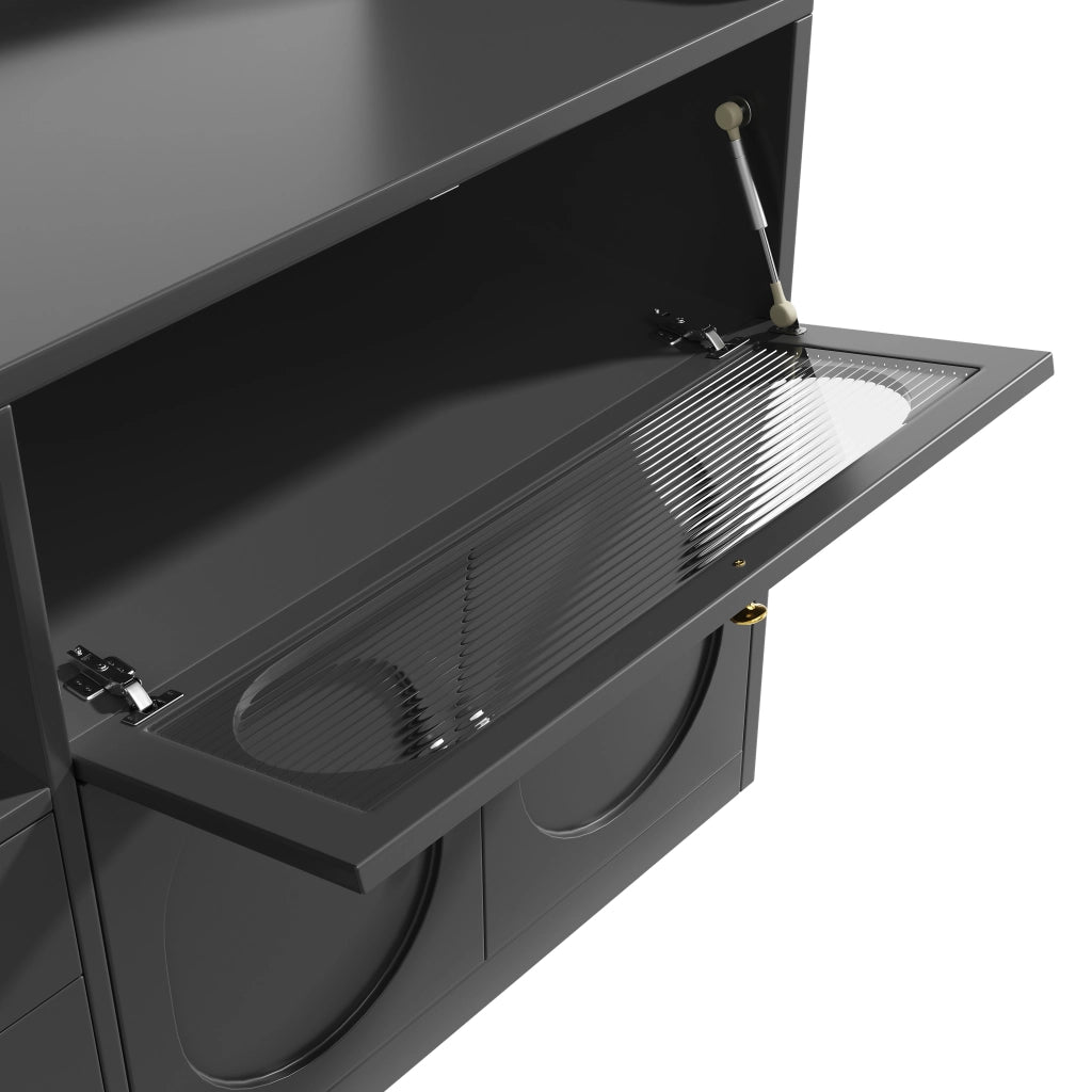 Credenza alta con vetrina, 3 cassetti, portabottiglie e ante a ribalta, per cucina e pranzo, nero, 120 × 40 × 180 cm