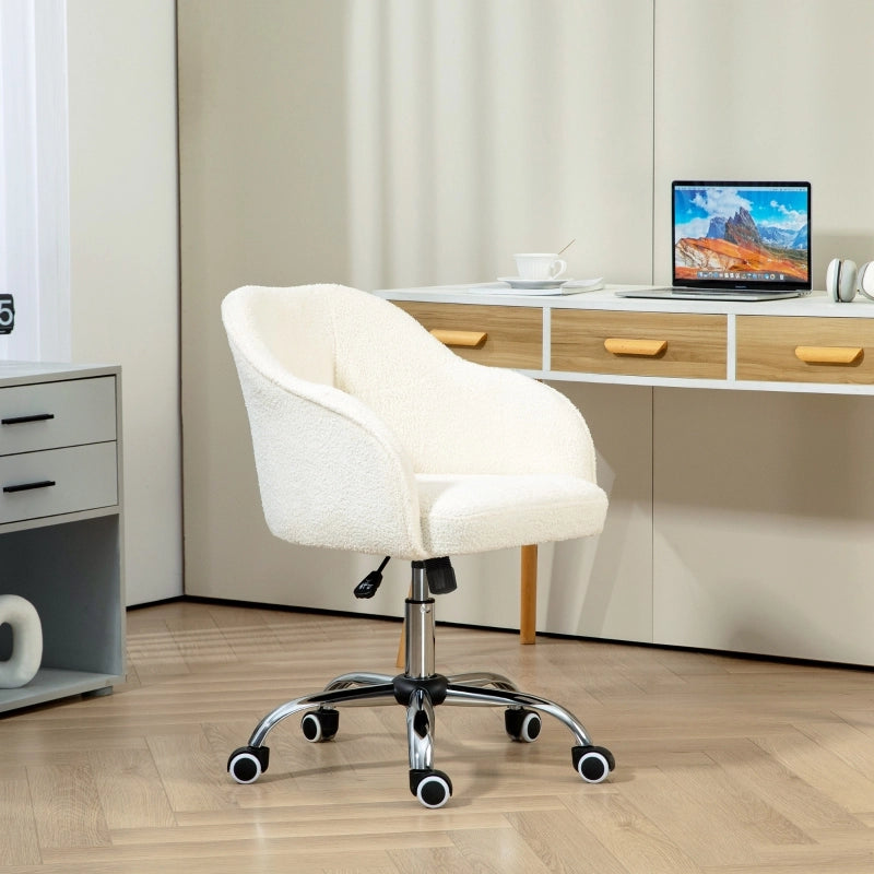 Sedia da ufficio girevole ergonomica con altezza regolabile e rotelle in tessuto teddy bianco crema