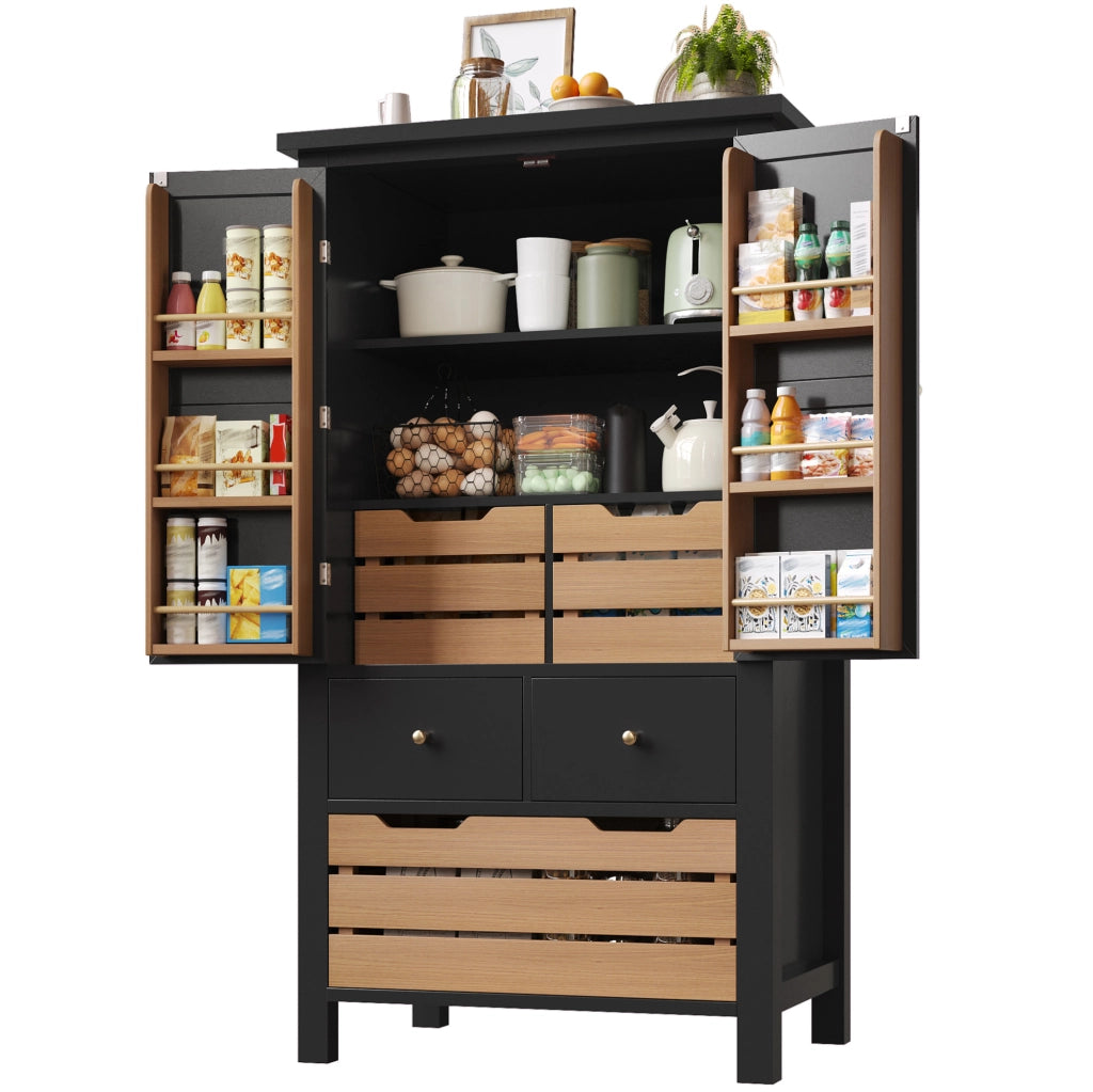 Credenza da cucina 80x40x140 cm con ampio spazio contenitivo in MDF e metallo nera