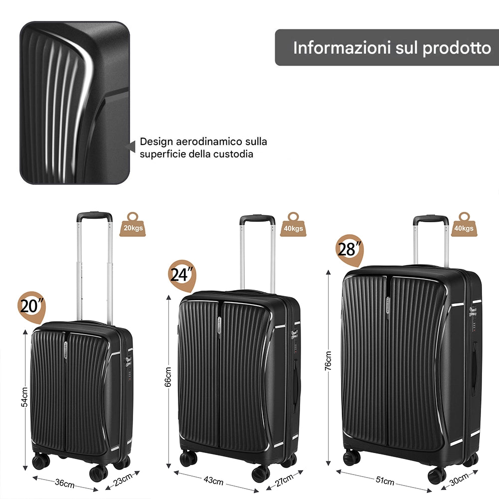 Set 3 Valigie Rigide 90-59-38L Ruote Easy Roll e Manico Telescopico in ABS Nero