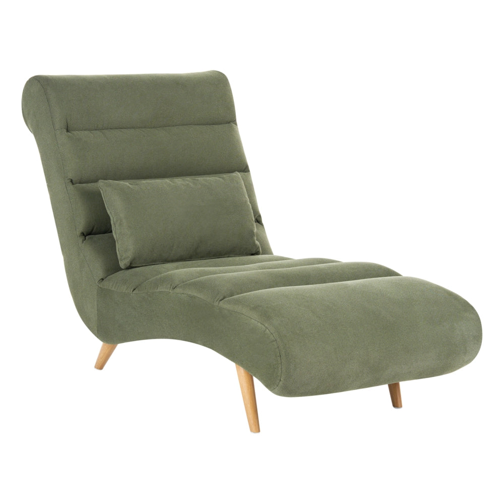 Chaise longue in tessuto verde per soggiorno, per il relax, con gambe effetto legno, stile scandinavo moderno