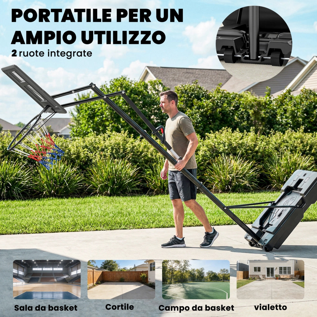 Canestro da Basket Altezza Regolabile 235-305cm in PE Infrangibile Nero
