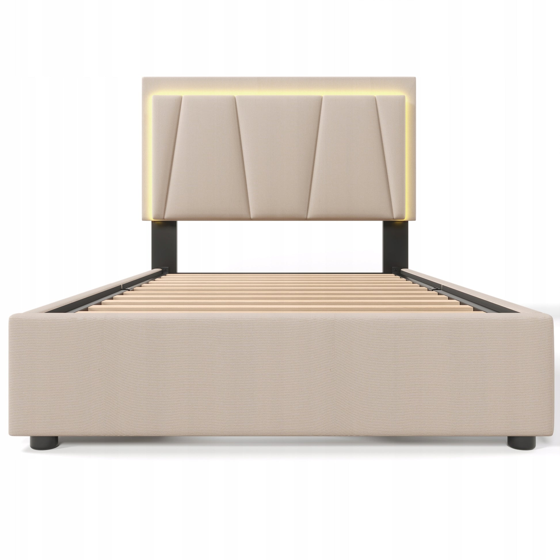 Letto singolo imbottito con LED - Xylo - 90x200cm - Beige - Con 2 cassetti e materasso incluso