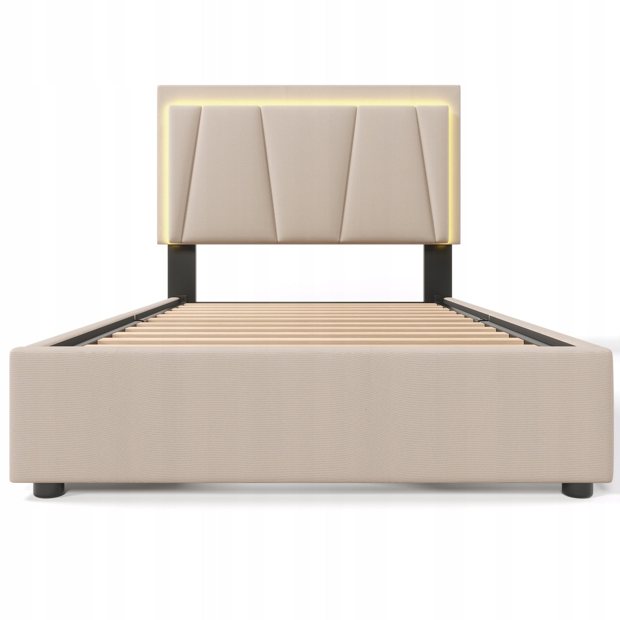 Letto singolo imbottito con LED - Xylo - 90x200cm - Beige - Con 2 cassetti e materasso incluso
