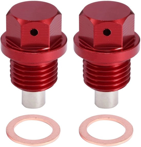 Presine Olietta di Accensione M14x1.5 - Magnetica - Lega di Alluminio - Inclusi 2 Pacchi di Accompagnamento - Rosso - Installazione Facile - Viti di Scarico