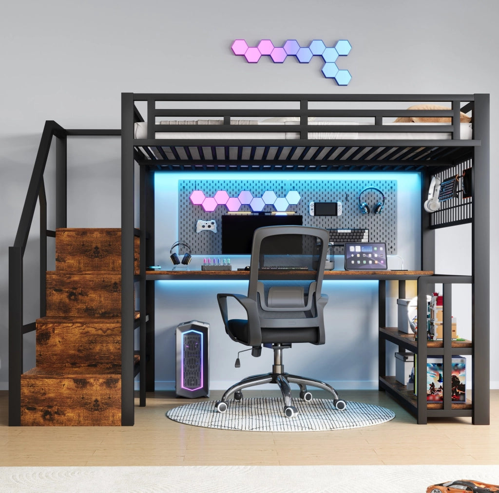 Letto a soppalco 140x200 cm con scrivania; LED e contenimento in metallo e MDF nero