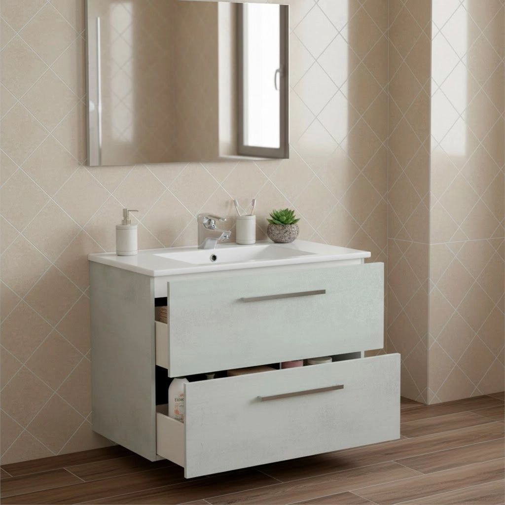 Arredo Bagno Sospeso Mobiletto Due Cassettoni Soft Close Lavandino Lavabo Ceramica Specchio Design Moderno Nordico 57 x 80 x 45 Cm Colore Grigio Cemento