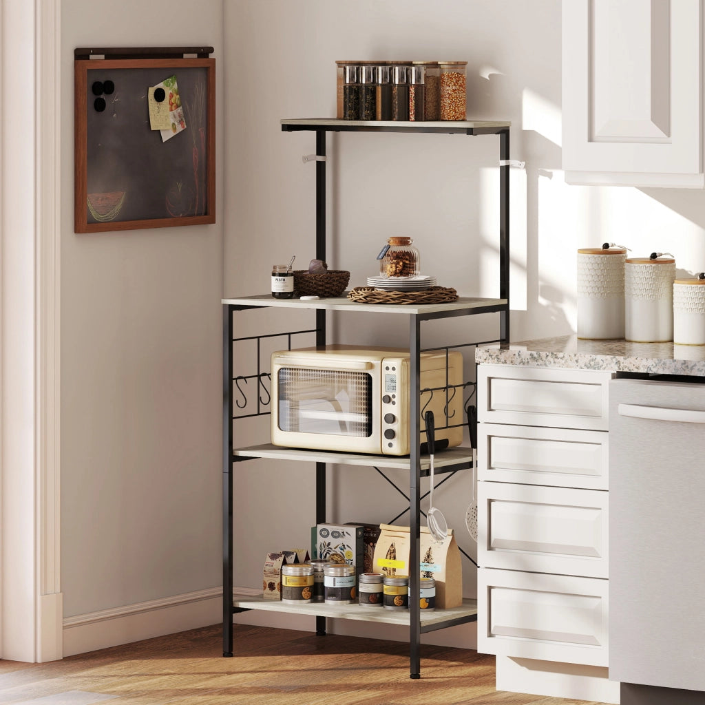Scaffale Cucina a 4 Livelli con Pannelli a Rete e 8 Ganci Stile Industriale, 60x42x134.5 cm, Rovere
