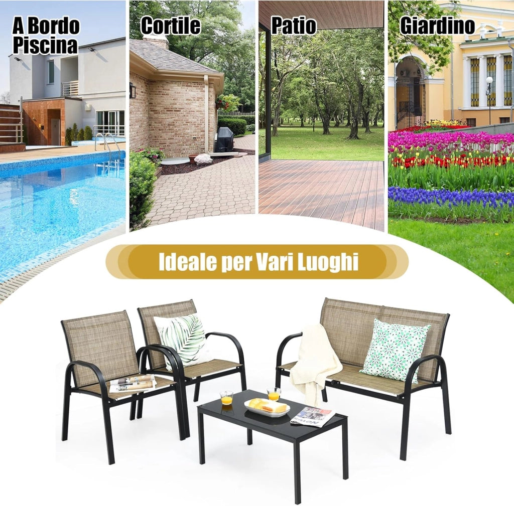 Set da Giardino con 4 Pezzi, Set da Giardino per Chiacchierare, Sedie da Giardino con Tavolino in Vetro, con Struttura Resistente in Ferro, Tessuto a Rete Traspirante (Marrone)