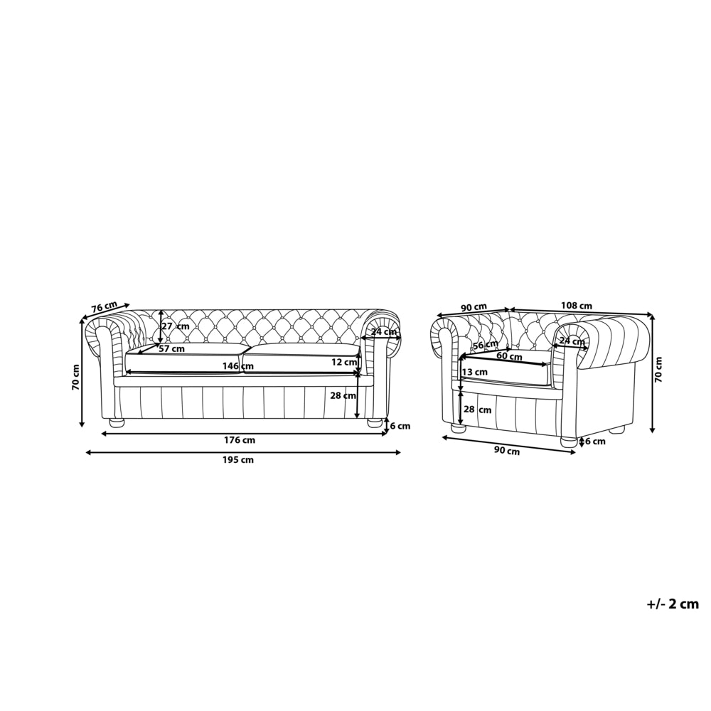 Set soggiorno Chesterfield Rivestimento in pelle marrone Gambe in legno scuro Divano a 3 posti + poltrona contemporanea