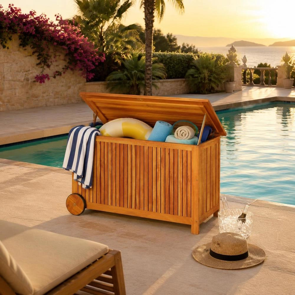 Garden Storage Box With Wheels, 90x50x58 Cm, Solid Acacia Wood